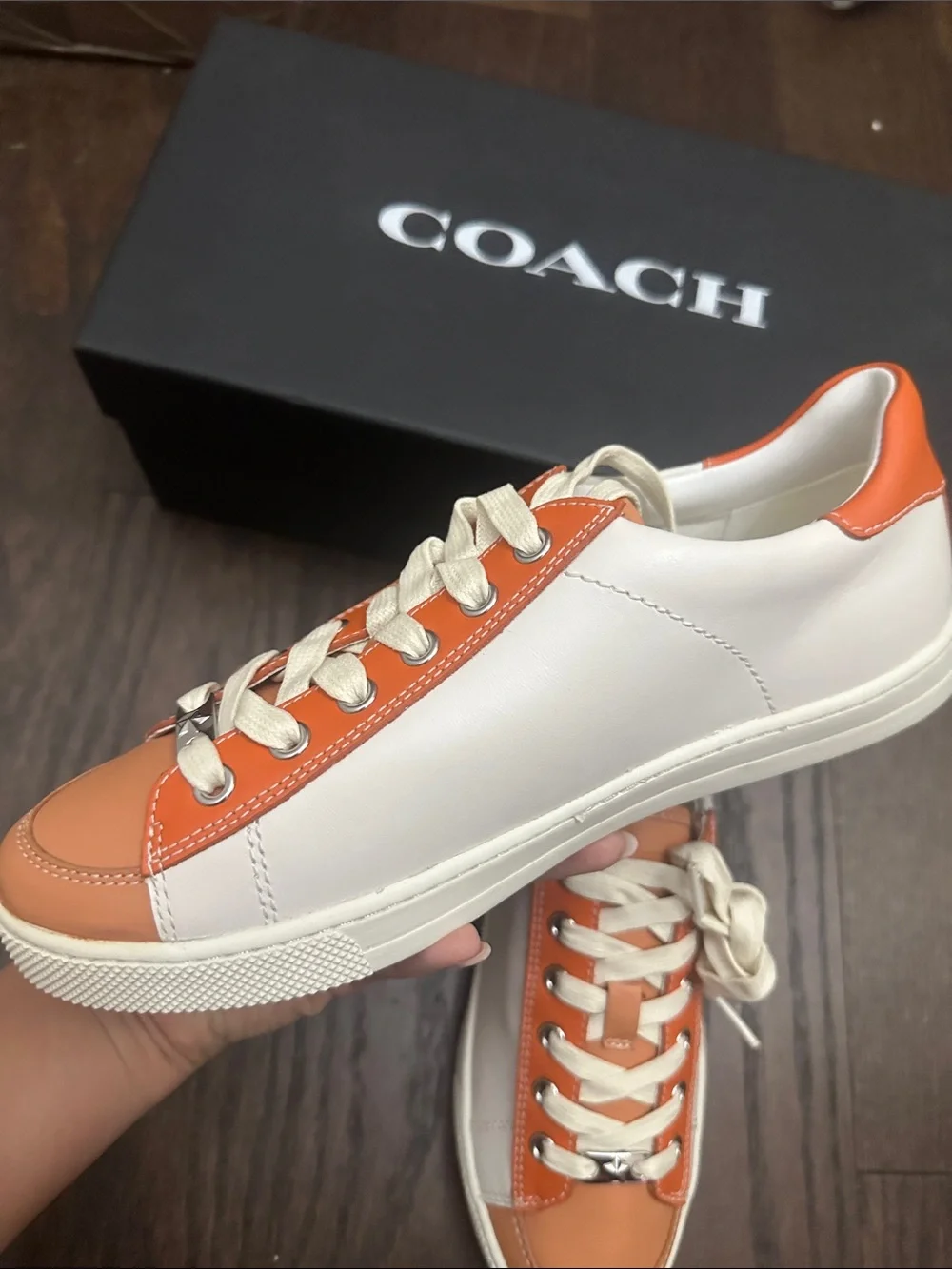 coach Leather Low-Top Sneakers in Orange and White